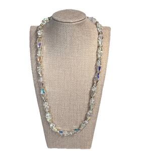 Vintage Aurora Bonealis Clear Iridescent Faux Diamonds Necklace 21" Long (#B5)
